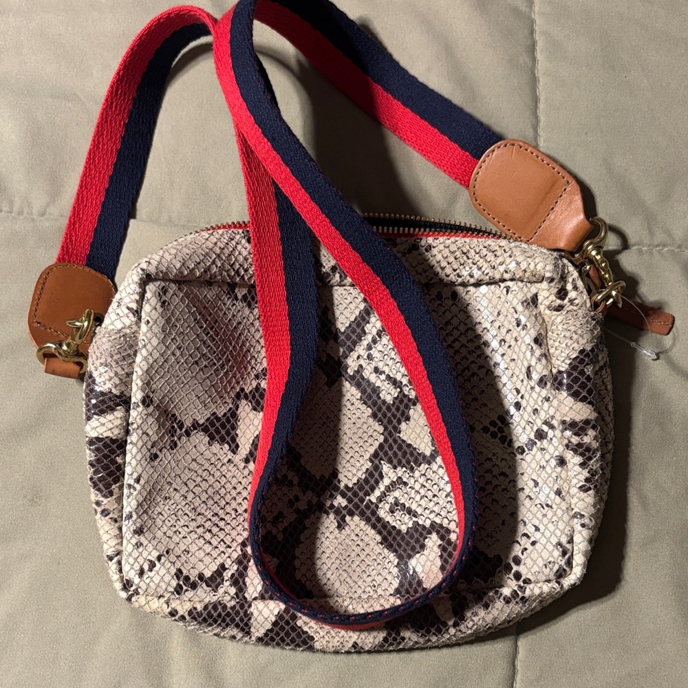Clare V Snake Print Crossbody Bag with Red and Blue Strap